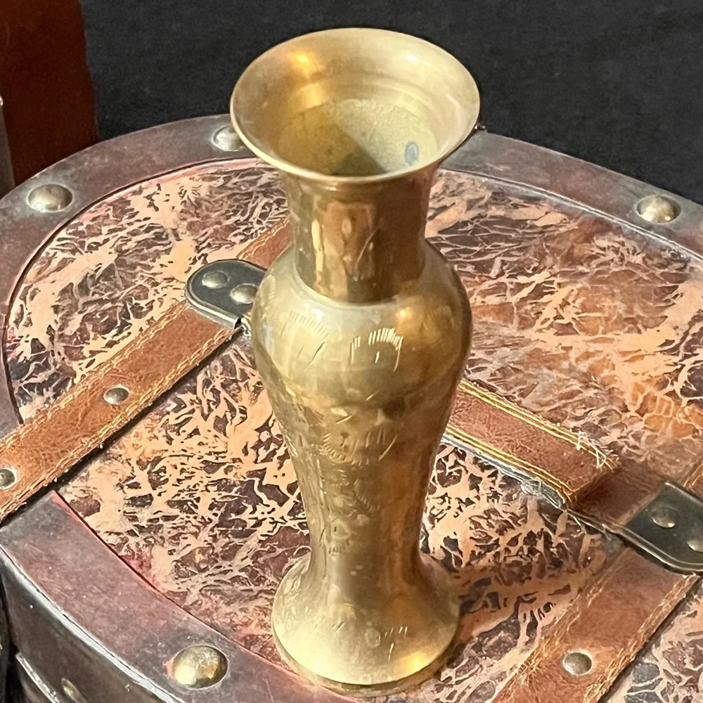 Vintage Fluted Solid Brass Flower Vase 7.5 Inches Tall Lovely Etched Design